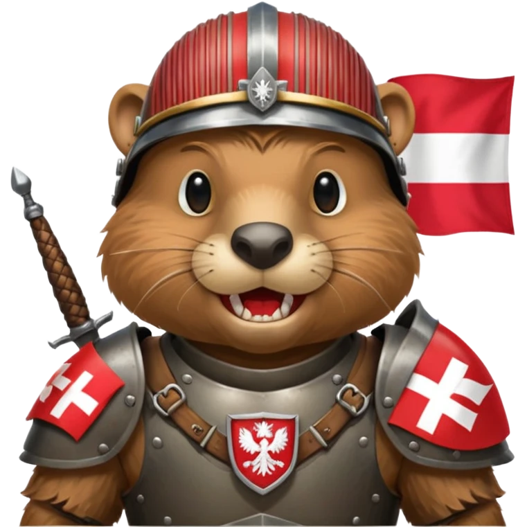 polish husaria miliatry unit but its a beaver, make him with a face like is the best fighter of all times with polish flag logo, not the whole body only the tors, show teeth emoji
