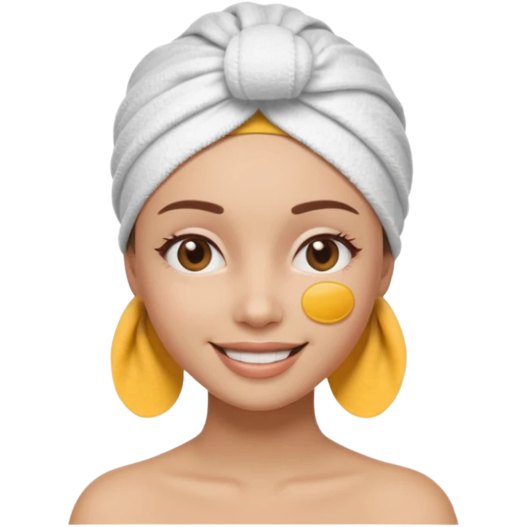 3D emoji style woman with towel head wrap, under-eye patches, smiling softly, clean girl skincare aesthetic, soft studio lighting, smooth skin texture, minimalist beige background, high resolution, PNG emoji