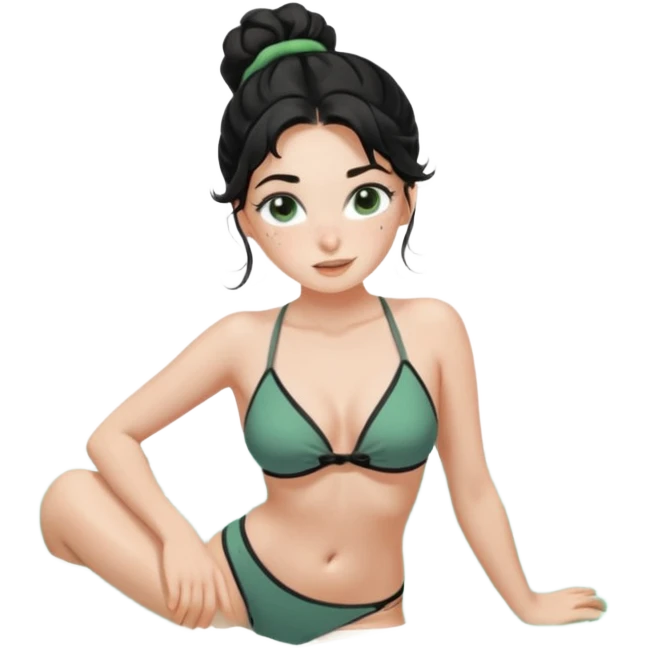 Fullbody nude very beautiful white young woman very beautiful face with freckles, green almond eyes long lashes, wavy  black hair in a bun i big boobs, big ass, sexy body,  bending over, getting ready for sex, realistic, big ass, busty but skinny, white socks on, and gray bikini but rest nude emoji