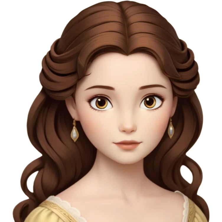 Cinematic Realistic Belle Portrait, depicted with lifelike skin texture, soft natural lighting, and intricately detailed brown hair styled elegantly. Her deep, expressive eyes exude warmth and intelligence, complemented by a serene and graceful expression. She is dressed in her classic attire, with rich fabric textures and delicate folds that catch the light beautifully. The portrait features a soft, enchanting glow with a natural, radiant finish, capturing the essence of timeless beauty in a realistic and painterly style, evoking a sense of depth and authenticity. emoji