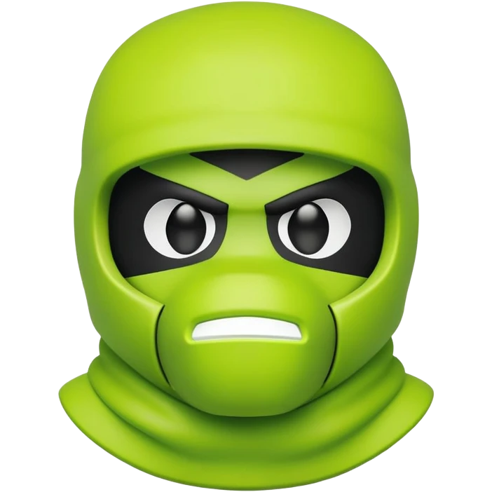 bearbrick toy wearing a lime green balaclava with angry aggressive thick eyebrows showing above the mask emoji