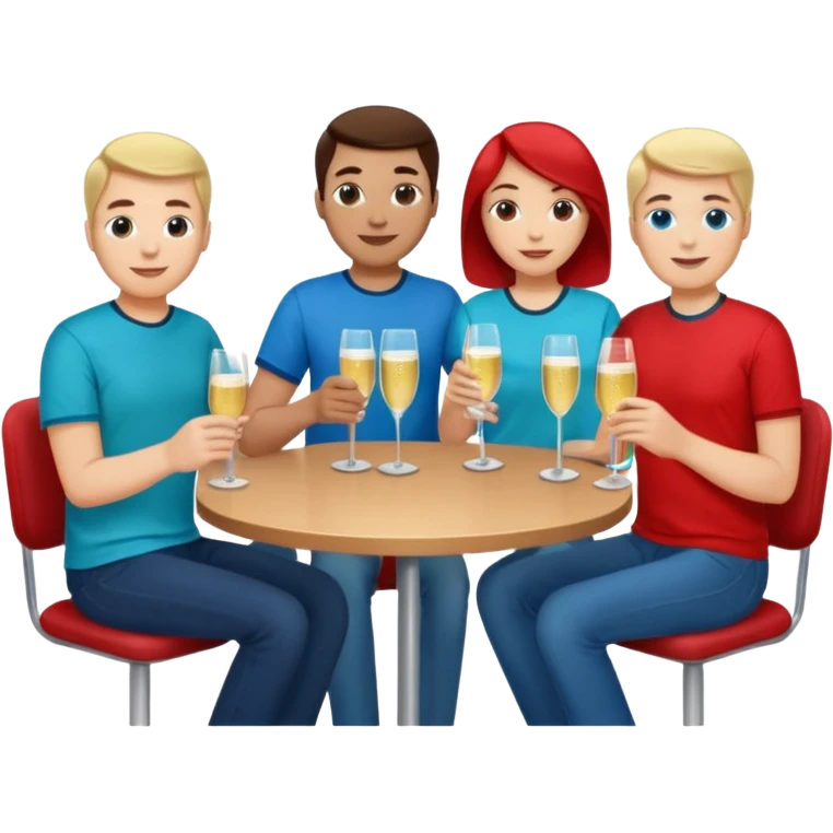 A large crowd of adults in casual clothing with red, aqua and blue shirts with drinks chatting at an afterwork meeting emoji