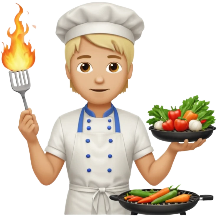 man with tied blond hair and and a white apron grilling vegetables on a sizzling grill emoji