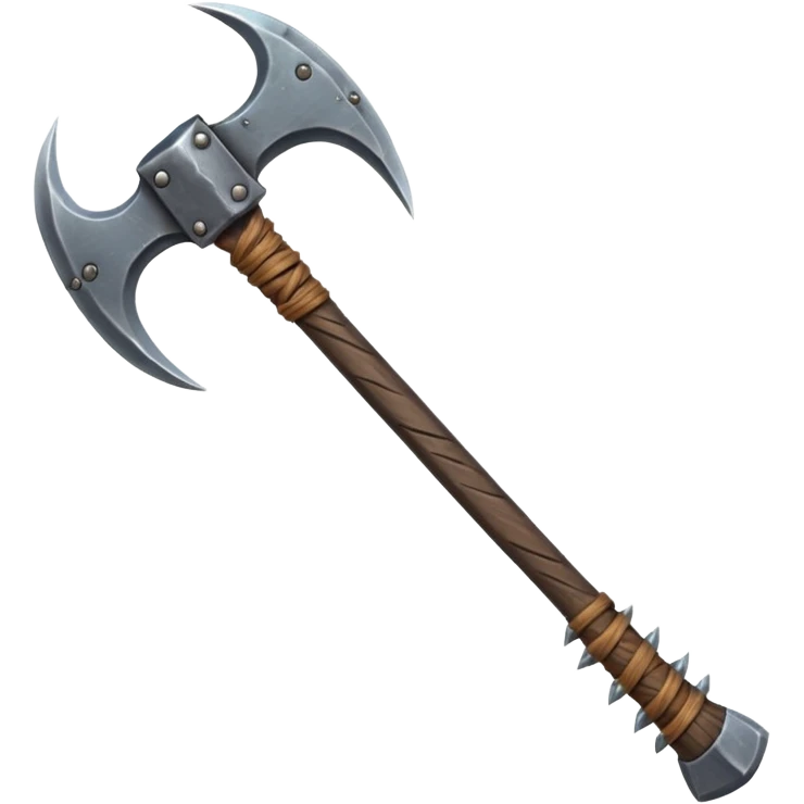 savage barbarian axe object icon, spiked double blade, battle-worn metal, scratches, heavy fantasy weapon, 3D cartoon, mobile game icon style, centered, clean background, no text, no watermark emoji