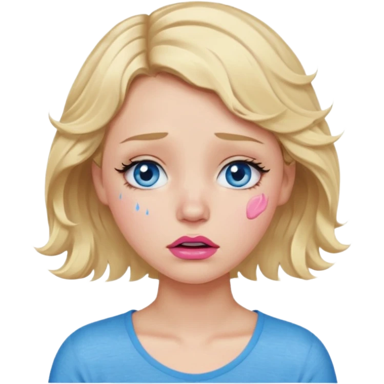 Girl Blonde short wavy hair,  blue eyes, cute blue top, long lashes, pink lips,crying with big tears running down the face  emoji