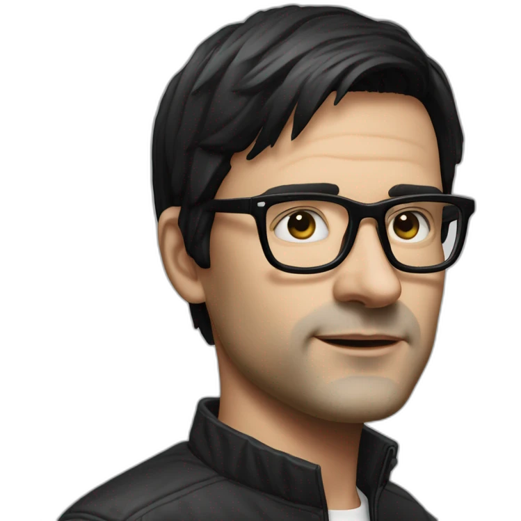 Hyper realistic Ralf Hutter from Kraftwerkn, short straight black hair, black glasses, thin, white BMW emoji
