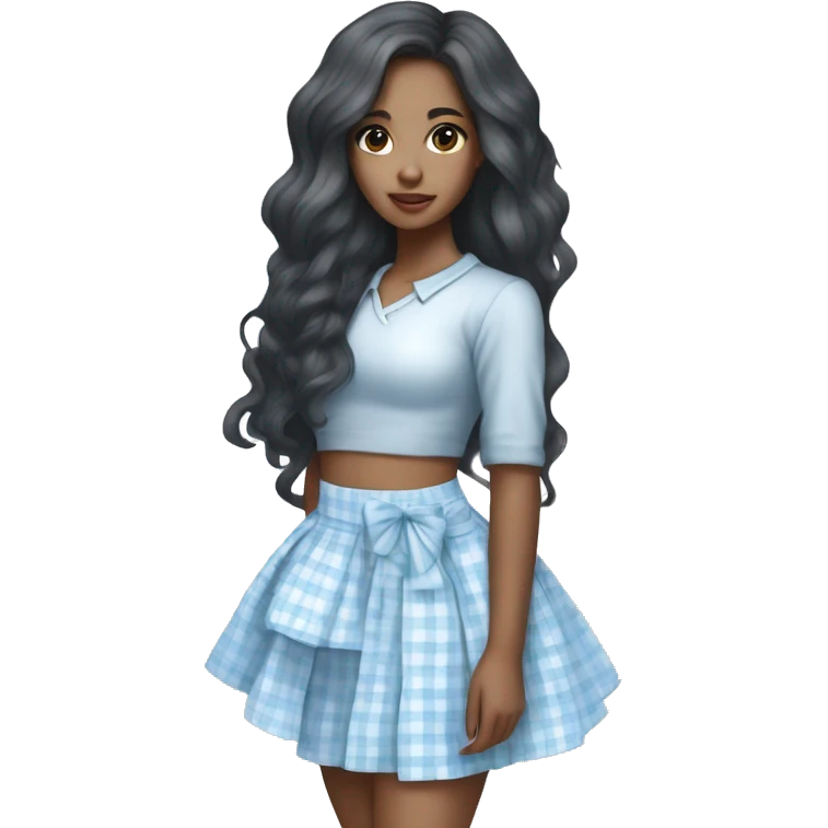 Full body Pretty mixed Asian black girl with long wavy hair wearing a baby blue and white plaid mini skirt with a white bow in her hair emoji