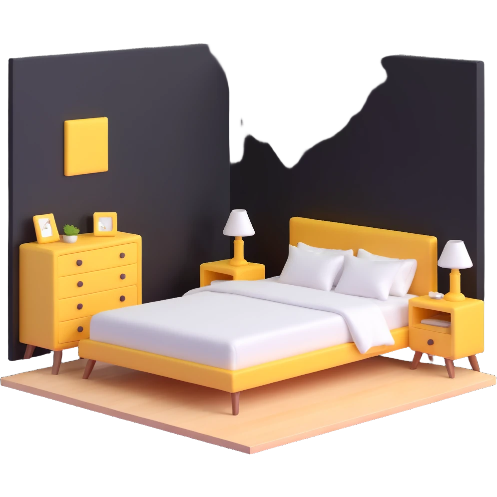 simple bedroom with white walls, bed, nightstand and dresser emoji