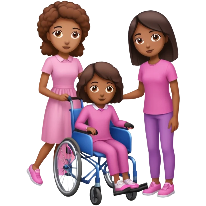 One tan skin sister standing behind her brown skin sister in a pink wheelchair emoji