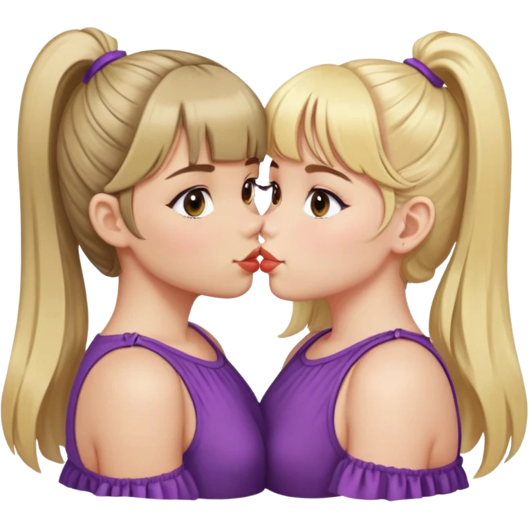 blonde girl with a ponytail and bangs with two strands released kisses a brunette girl with curtain bangs emoji