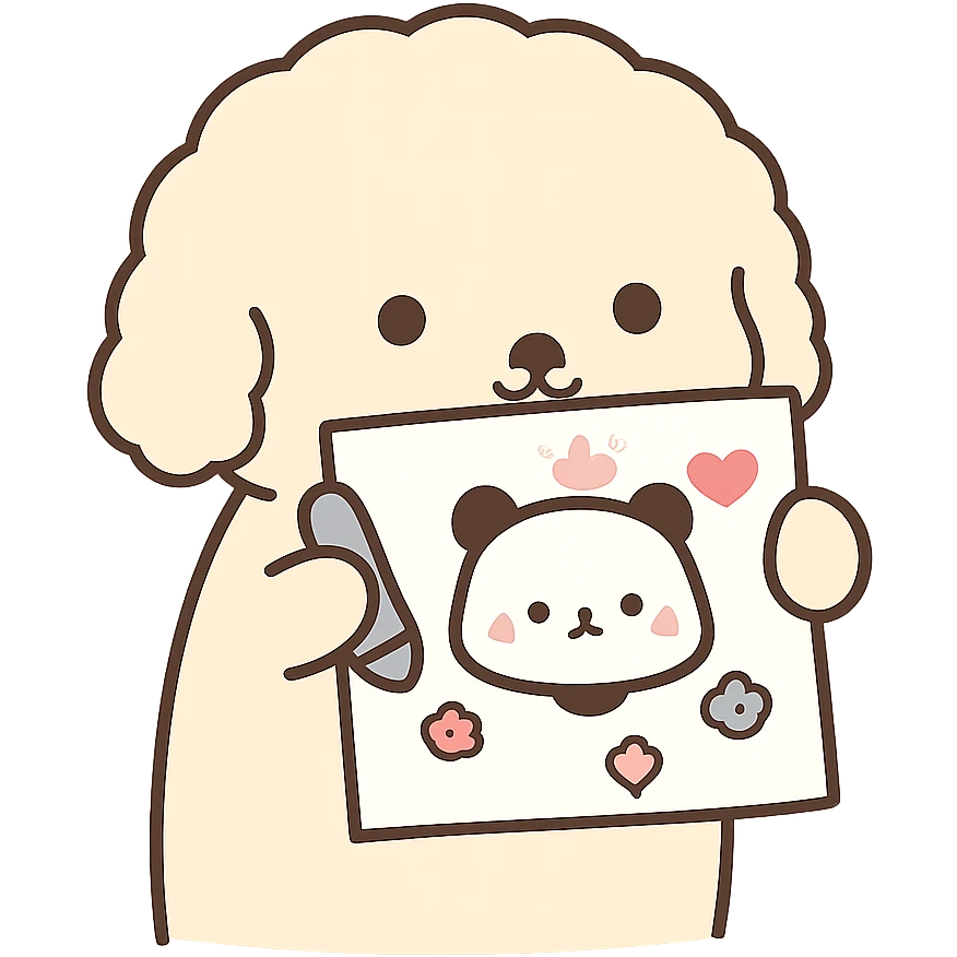 Transform the image into a WhatsApp sticker style by removing the background and leaving only the cute little dog holding the drawing. Add a white border around the dog for a sticker effect. Keep the style natural and clear for sticker use. emoji