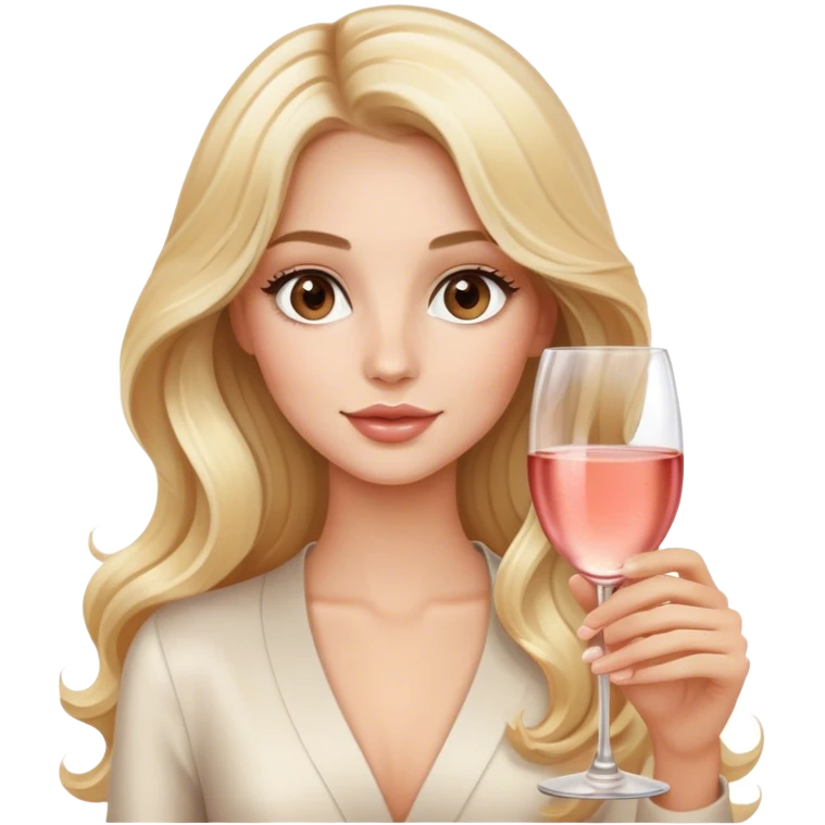 Blonde model with brown eyes, long wavy hair, wine tasting rosé champagne emoji