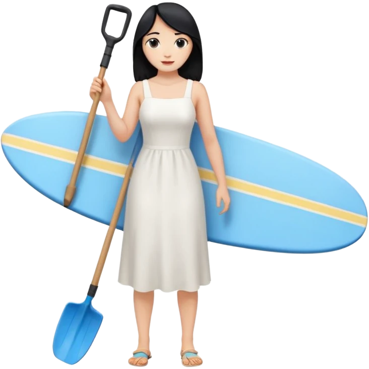 Princess who wearing white dress (woman) black hair holding her phone with her hand and holding long shovel with another hand. Under her feet, there is one blue surfing board. emoji