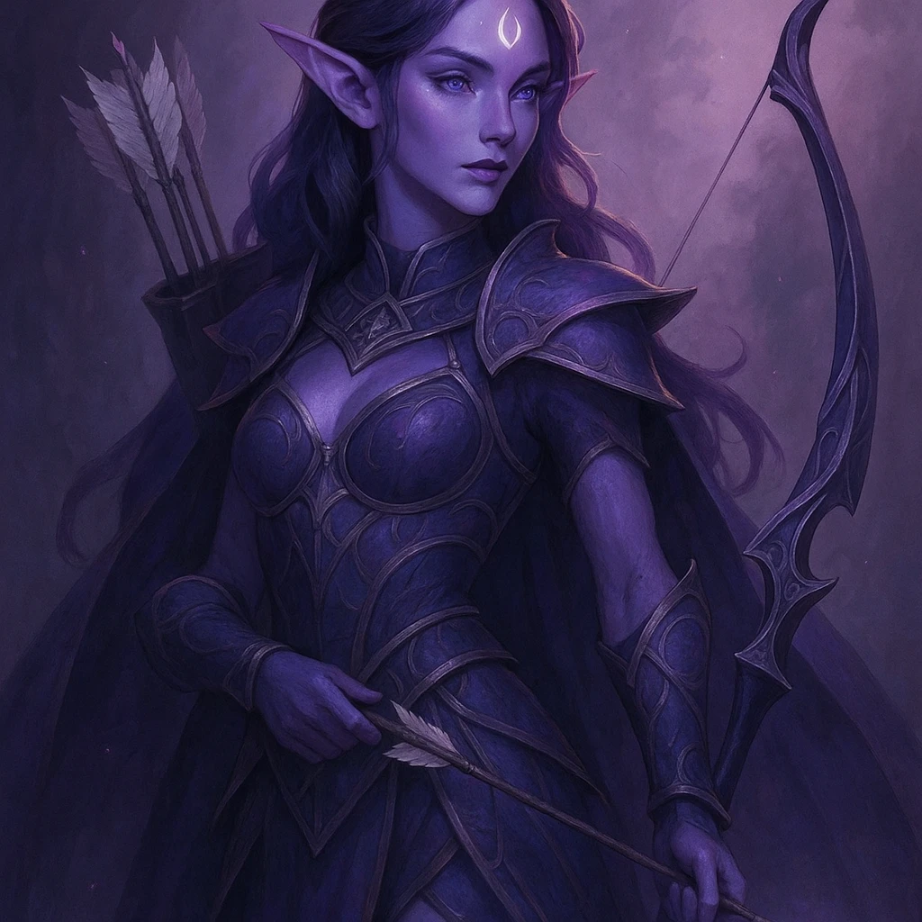 purple fantasy elf archer, elegant, magical, bow and arrows, pointed ears, fantasy armor emoji
