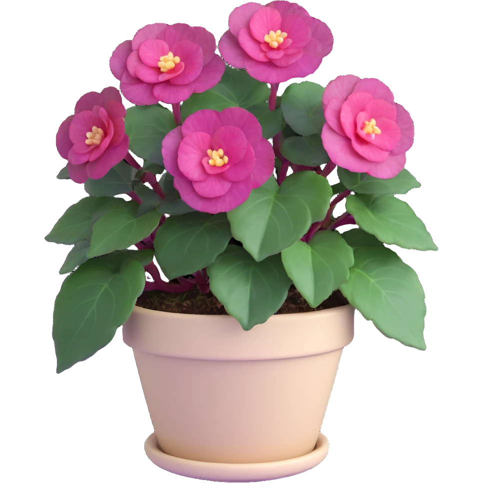 Begonia Rex with dark green leaves, purple edges, white spots in the middle, and distinct spiral centers where each leaf grows from, in a beige pot emoji
