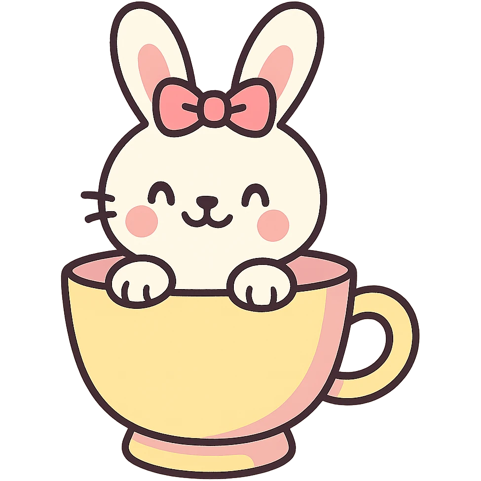 cutesy white bunny rabbit with a pink bow, peeking out of a teacup, pastel toon style emoji