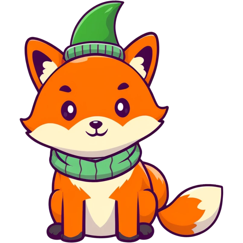 fox wearing a leaf hat and scarf, cute autumn soft style, soft pastel colors, cartoonish sticker style emoji