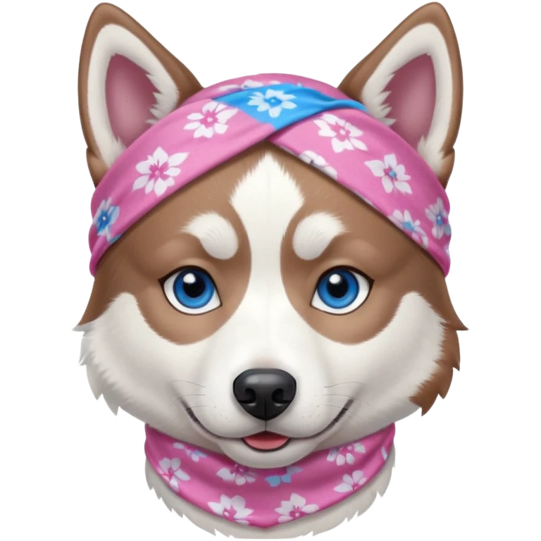 Husky siberiano fêmea, toda branca um olho azul e outro metade azul e marrom. Com bandana rosa emoji
