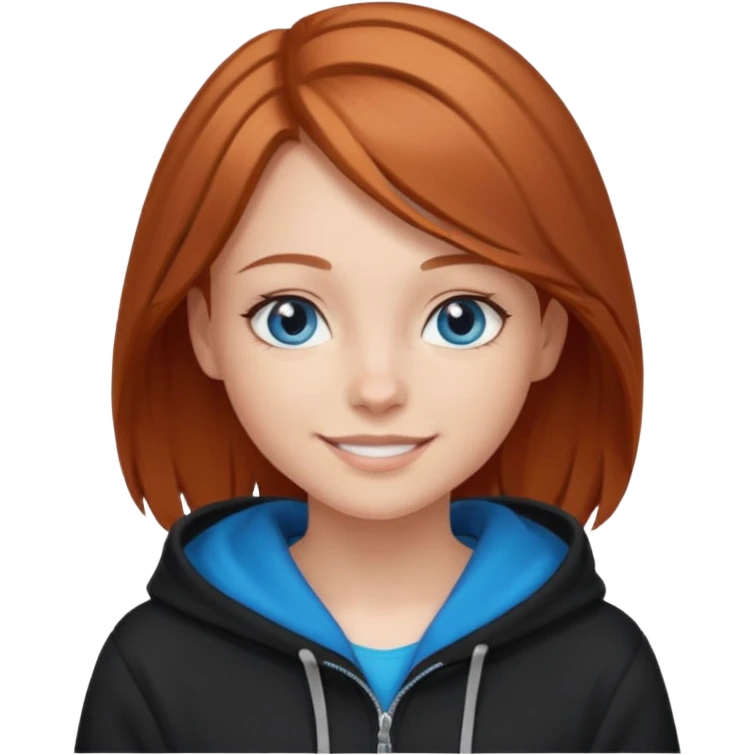 мила дівчинка зі світлим русим волоссям до грудей з голубими очами в чорному худі посміхається emoji