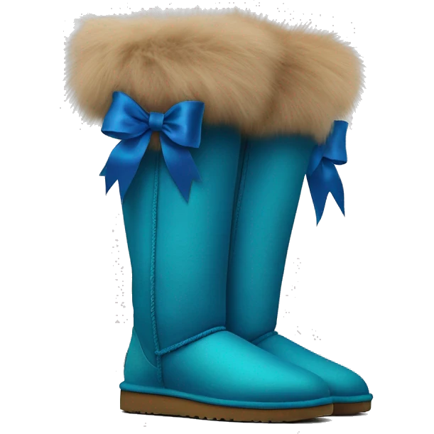 Tall Pair of peacock blue fur Ugg boots with silk ribbon bow. emoji