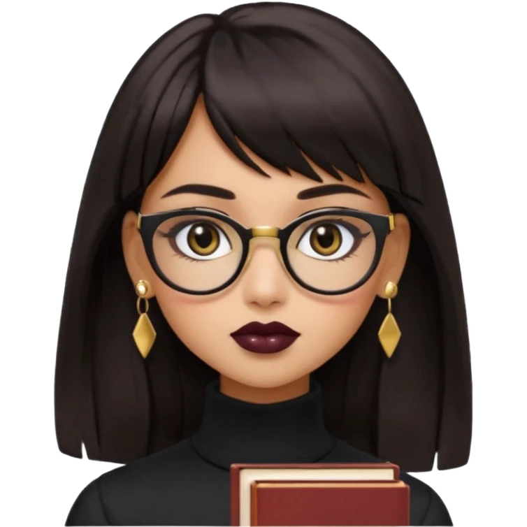 generate a pretty bratz girl with black small square spectacles, dark lipstick, gold stud earrings, black turtleneck , books in hand, dark brown straight long hair with bangs, eyeliner on,  emoji