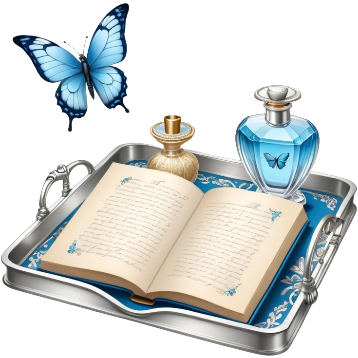 A silver-plated tray with an intricate floral pattern holds an open book of poetry, a folded love letter, and a vintage perfume bottle with a golden atomizer. A single blue butterfly is captured mid-flight, adding a touch of quiet magic to the scene. emoji
