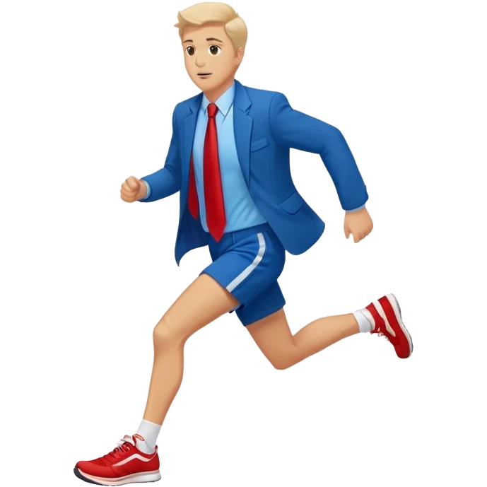 a running white man wearing a blue jacket, shorts, red sneakers, and a flowing red tie emoji