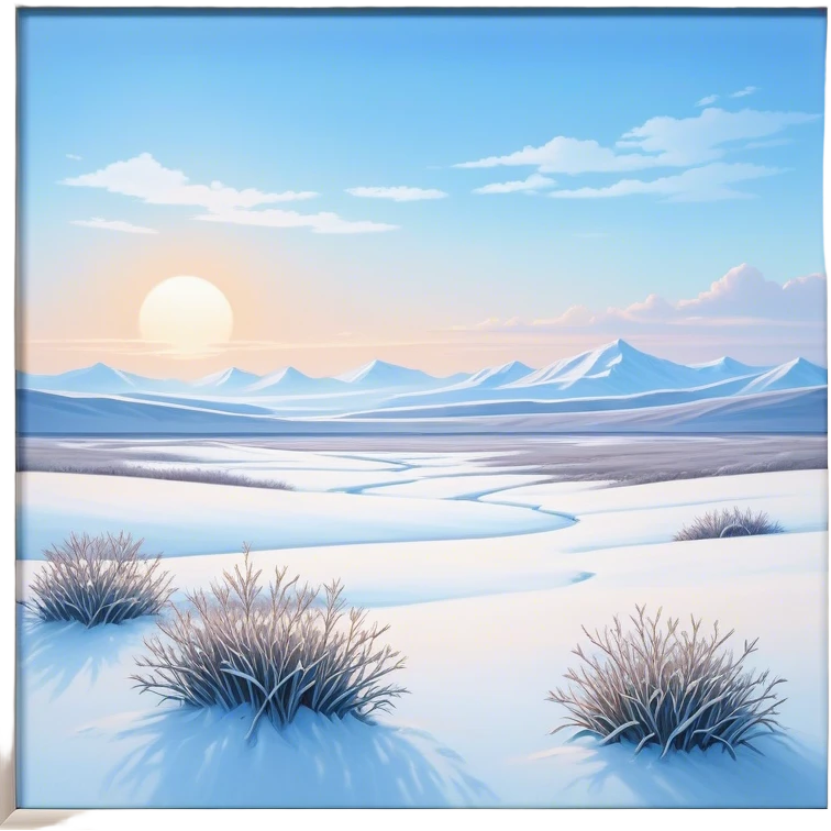 Cinematic Realistic Tundra Emoji in a wooden frame, Vast and cold, with wide expanses of snow-covered ground, sparse grasses poking through, and the occasional hardy shrub breaking up the pale white landscape. The sky above is a pale, frosty blue, and the light reflects off the snow, creating a serene yet starkly beautiful environment. Soft glowing outline, capturing the essence of a quiet, still, frozen wilderness where life endures despite the harsh conditions. emoji