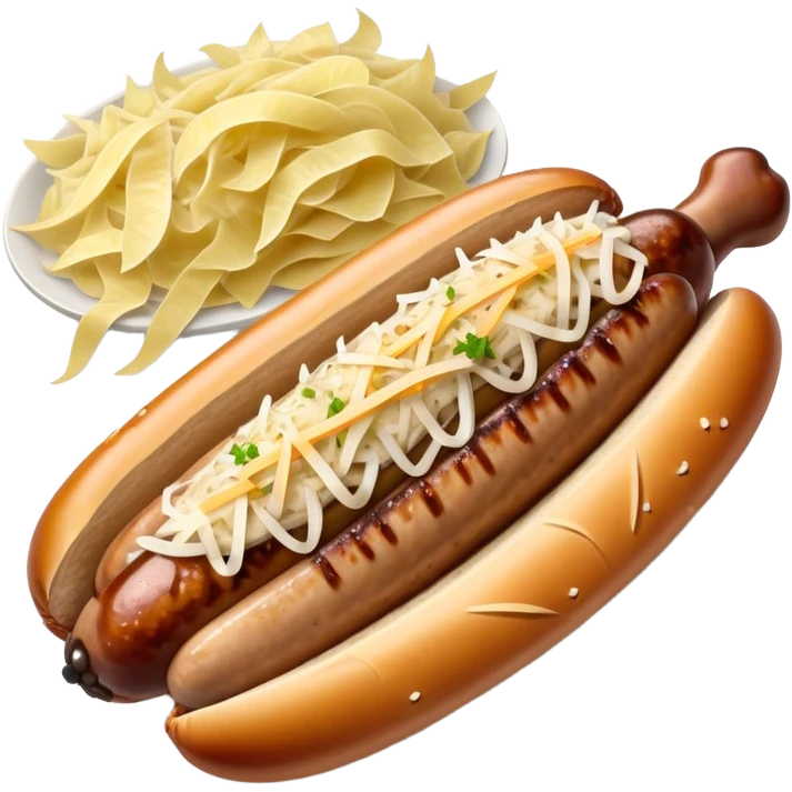 Bratwurst Cinematic Realistic Bratwurst Dish Emoji, depicted as a grilled bratwurst topped with a generous serving of shredded sauerkraut, rendered with rich textures and dynamic, appetizing lighting. emoji