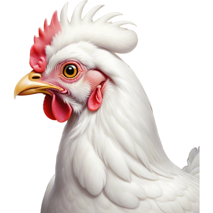 Cinematic Noble White Chicken Portrait Emoji, Poised and regal, with a compact, sturdy build and a pristine, well-groomed pure white plumage, deep-set soulful beady eyes, Simplified yet sharp and sophisticated features, highly detailed, glowing with a soft, dignified glow, high shine, intelligent and alert, stylized with an air of barnyard elegance, focused and attentive, soft glowing outline, capturing the essence of a watchful and confident fowl, so majestic it feels as though it could strut out of the screen with effortless authority! emoji
