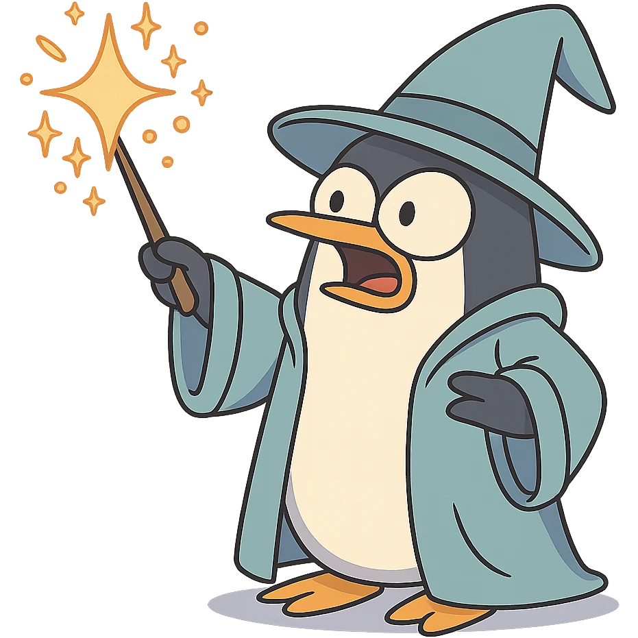 cartoon penguin wizard casting a spell with sparkles and a robe emoji
