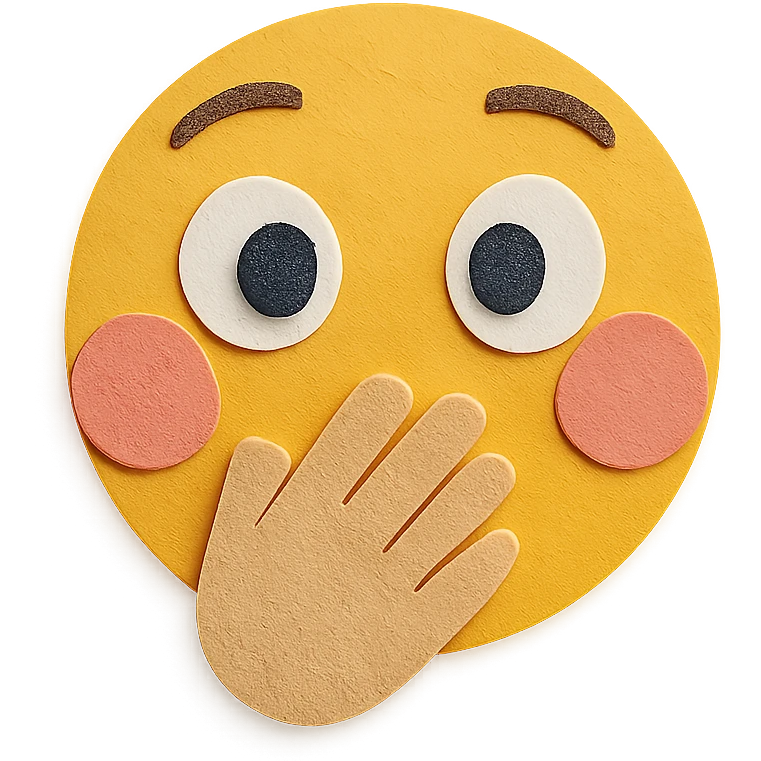 surprised face with hand over mouth, wide eyes, pink cheeks, paper craft style emoji