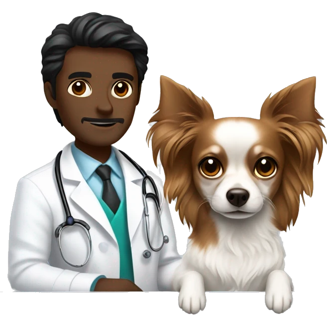 Veterinary doctor with wavy brown long hair brown eyes in a white coat next to a solid black chihuahua dog on a metal table  emoji