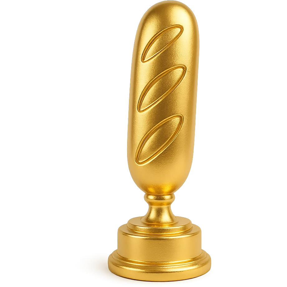 a baguette standing upright on a pedestal, trophy style, gold, cartoonish emoji