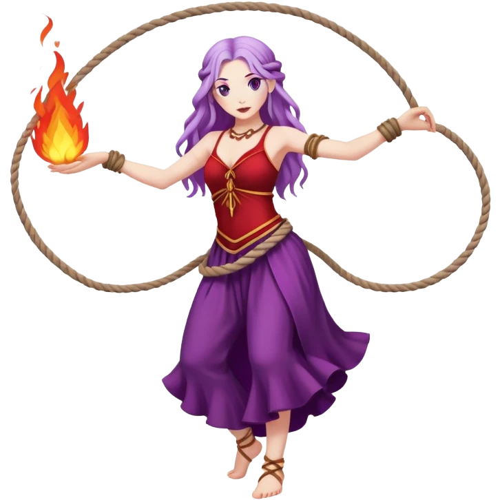 Full body rope Poi fire dance performer pale skin with long purple hair red dress emoji