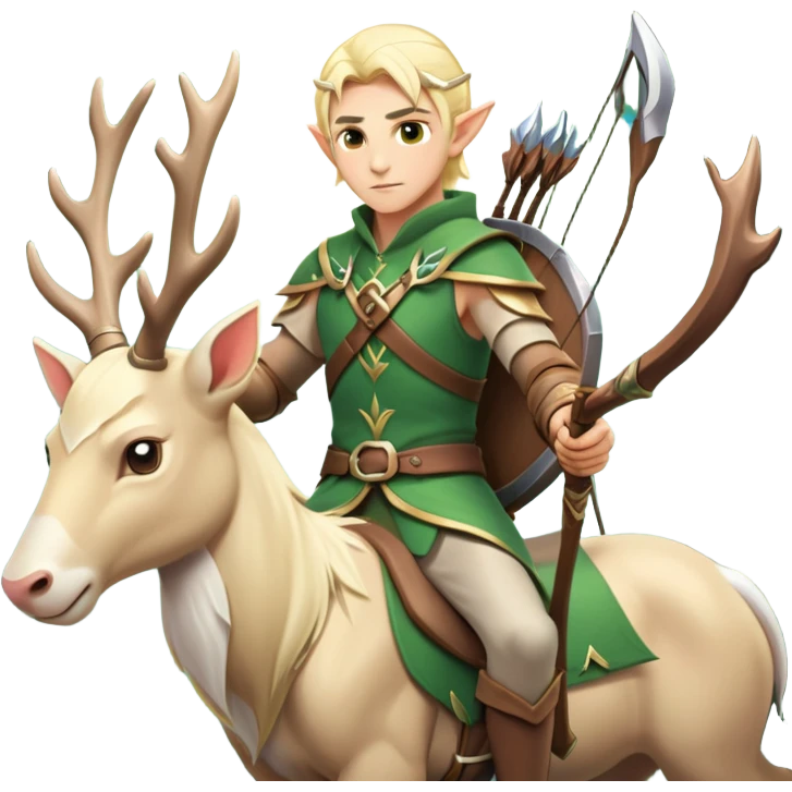 clash-of-clans-aesthetic-blond-male elf-archer-portrait-emoji, rendered in a flat, vector-style with minimal shading and bold, simplified shapes, head tilted slightly forward with a determined, focused expression, riding a majestic white stag whose antlers glow with mystical energy, set against an ancient, enchanted forest backdrop. emoji