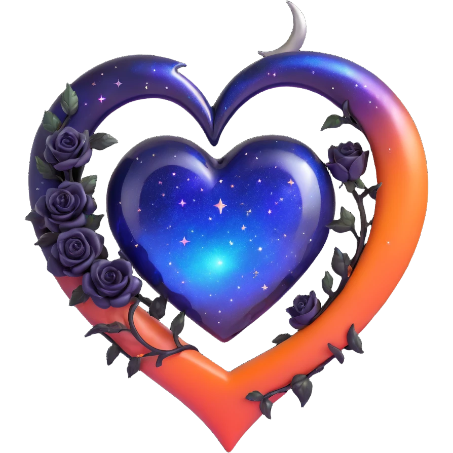 gothic heart made of midnight blue glass with a silver crescent moon, tiny black roses, shimmering stardust, rainbow iridescent effect emoji