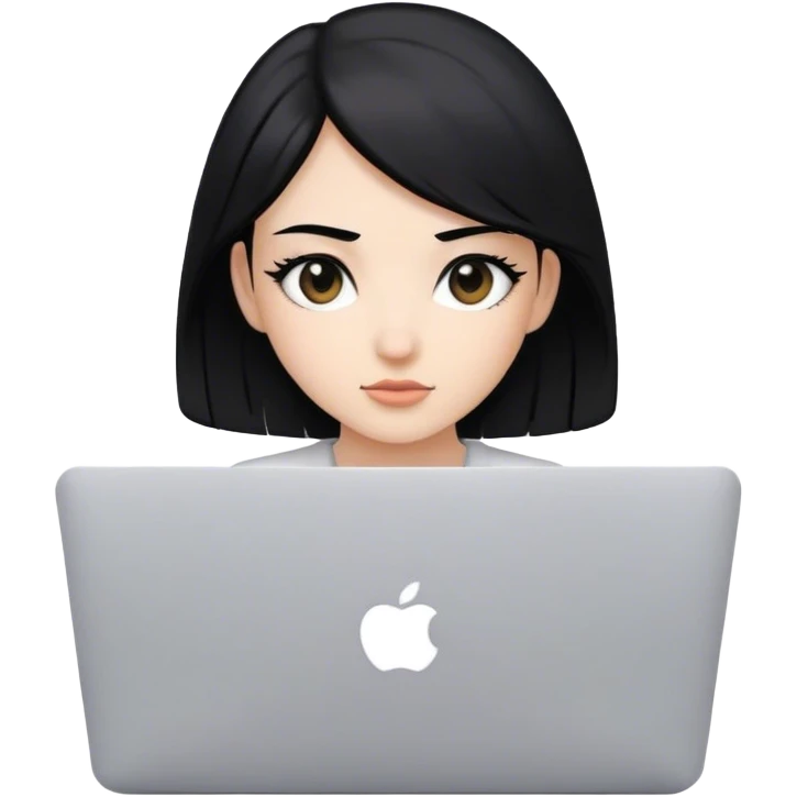 Beautiful programmer girl with black eyes and hair working with MacBook emoji
