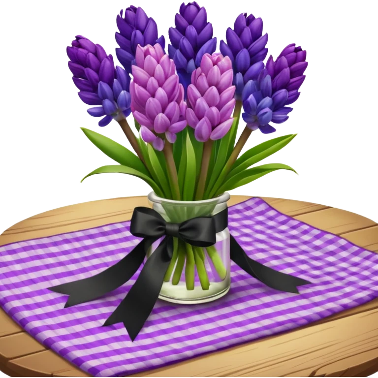 A lush bouquet of bright prple color Hyacinths black satin ribbon, resting on an antique wooden table, with a pale yellow and pink plaid pattern table cloth emoji
