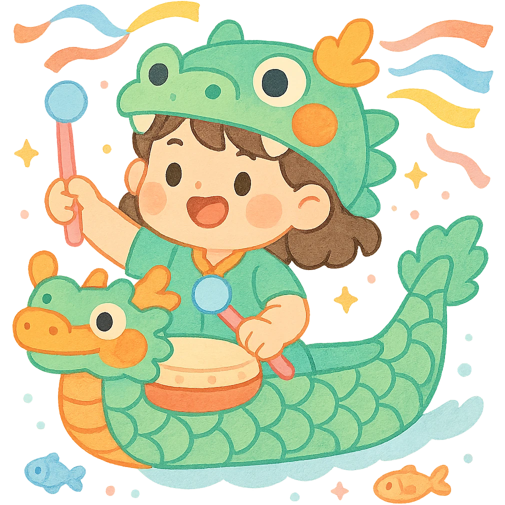 A chibi girl dressed as a dragon boat drummer, holding soft pastel drumsticks, standing in a fluffy dragon boat, colorful festival ribbons flying, sparkles and cute mini fish swimming below, soft pastel colors, watercolor texture, transparent background emoji