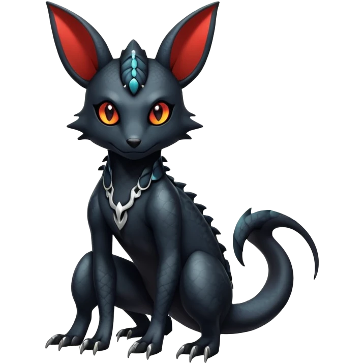 Sophisticated Modern Gothic Gloomy Futuristic Scaly Cyber-Salandit-Umbreon-Litten-Hybrid (Full body) emoji