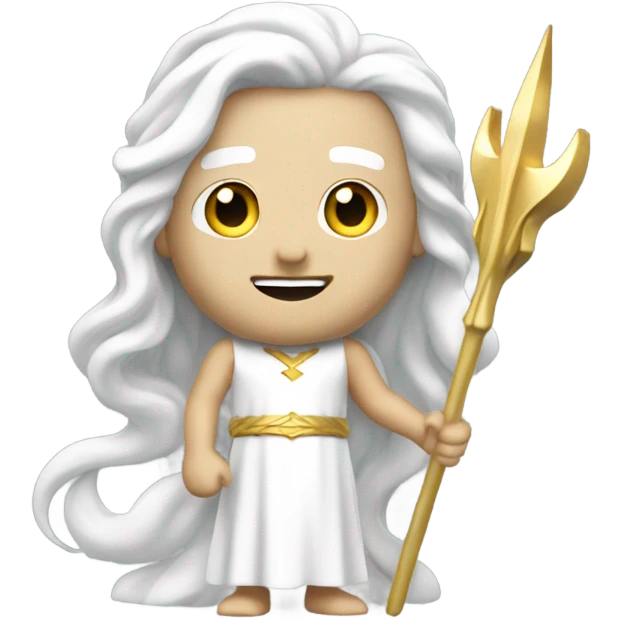 white Poseidon with gold Trident. long white hair white dress. wink eye emoji