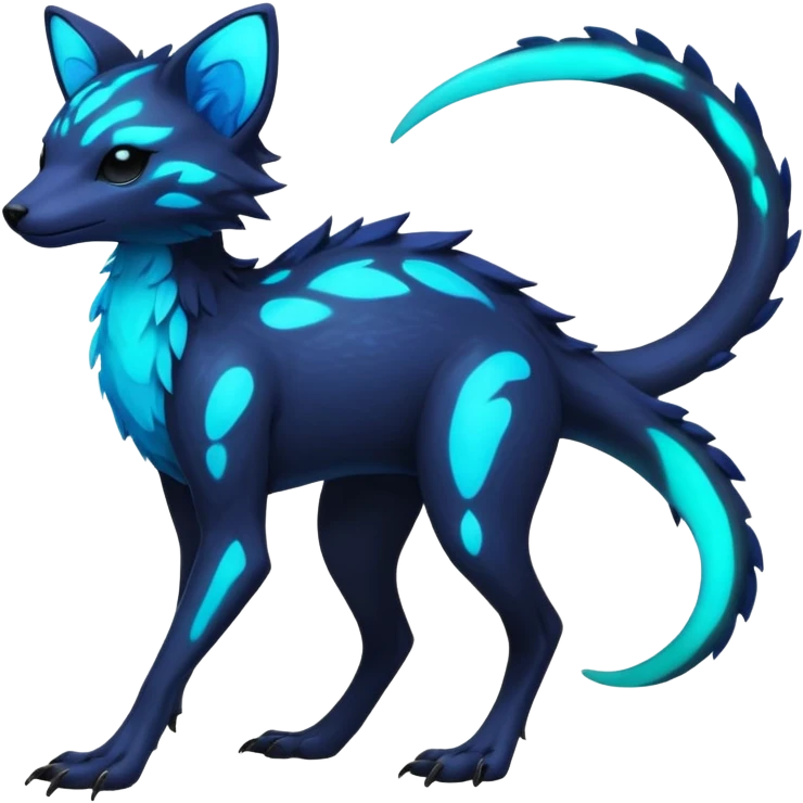 Rare realistic dark-neon glowing bioluminescent edgy badass epic pretty beautiful handsome gorgeous aesthetic colorful vibrant Vernid-Trico-species-Fakemon-creature by LiLaiRa, 4 legs, 1 tail, random markings, (full body) emoji