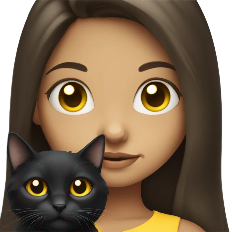 Long haired brunette blue eyed girl holding a yellow eyed black cat emoji