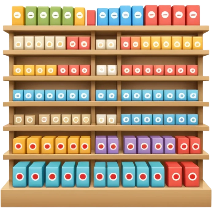 "Minimalist Japanese retail shelf display, products aligned identically in horizontal rows, each item repeated directly behind the other (multiple units in depth), vertically varied by type, clean spacing, precise symmetry, soft neutral lighting, front-facing packages, ultra-detailed." emoji