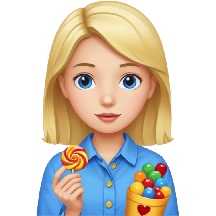 girl in a blue button-up shirt loving candy emoji