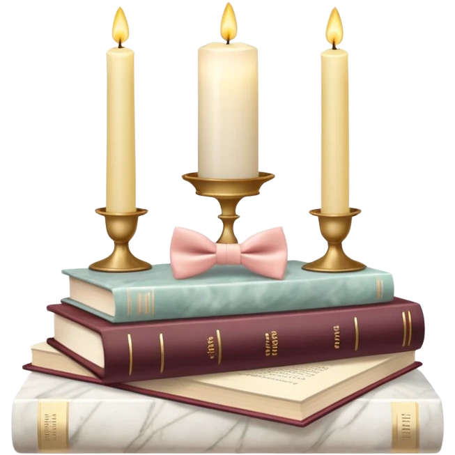 Aesthetic candles, flower petals, bow tie, books, marble stand emoji