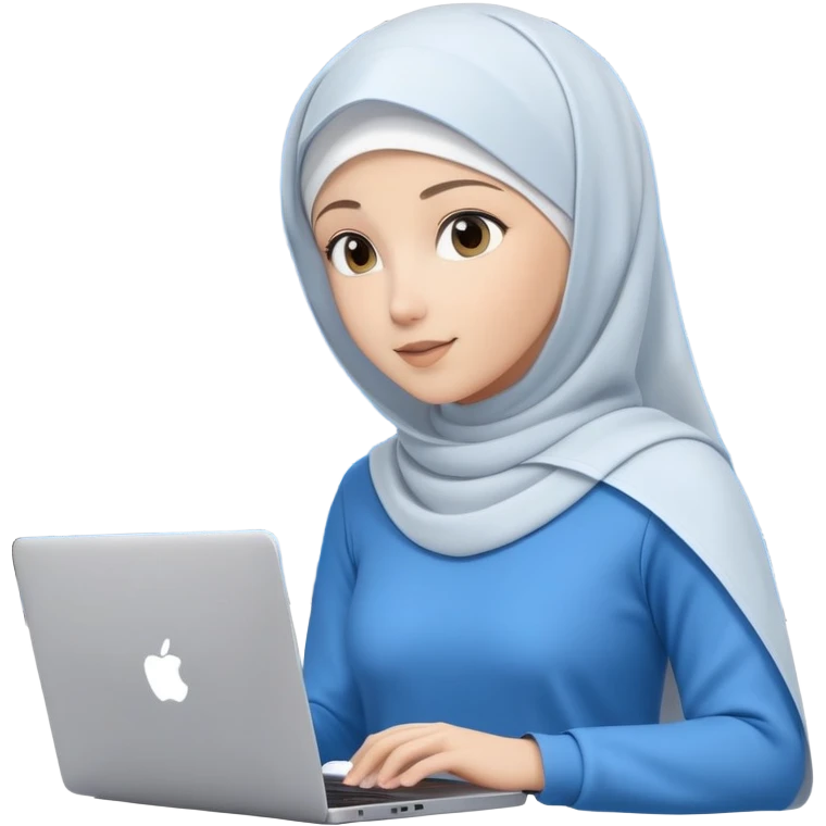 computer engineer with white hijab wearing blue outfit, no glasses, presenting her metaverse creation with a large digital screen behind her displaying virtual worlds and code, laptop open in front of her showing programming interface emoji