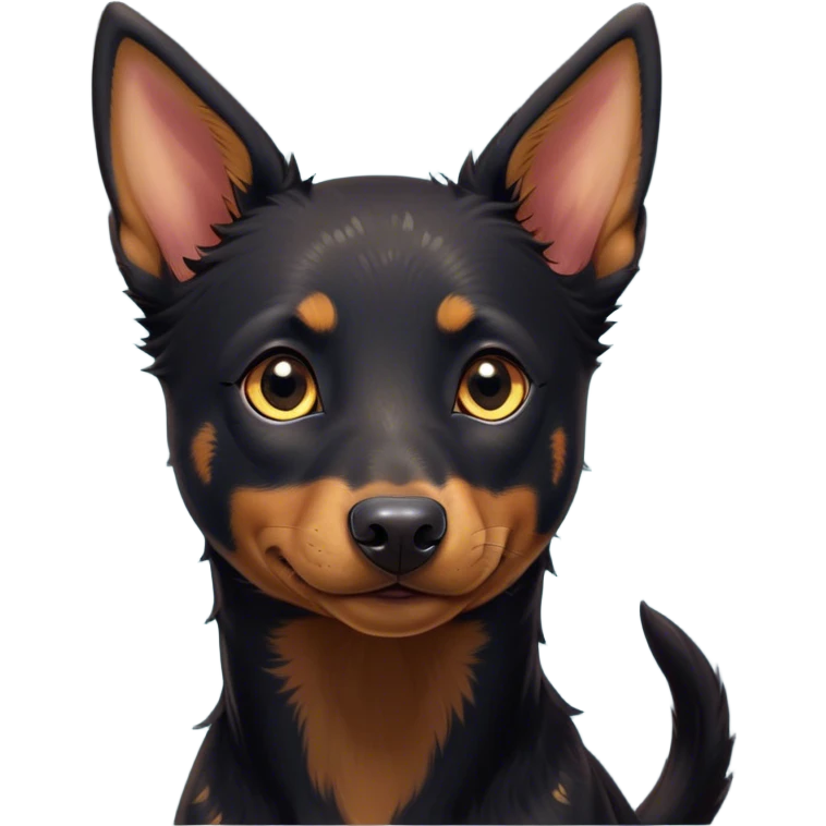 Cinematic Cute Black and Tan Kelpie Portrait Emoji, Head tilted playfully and inquisitively, featuring a sleek black Fur with vibrant tan markings, round, sparkling dark eyes filled with curiosity, Simplified yet irresistibly adorable features, highly detailed, glowing with a warm, friendly glow, high shine, affectionate and spirited, stylized with a touch of whimsy, bright and endearing, soft glowing outline, capturing the essence of a mischievous yet loving herder, so playful it feels like it could leap out of the screen and into your arms! emoji