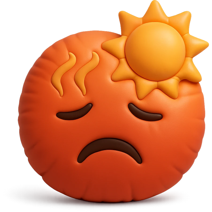 hot emoji with sun and heat waves, red and orange tones, soft plush cushion style emoji